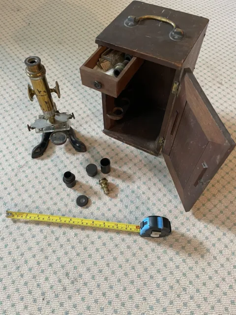antique brass microscope with parts and wood case