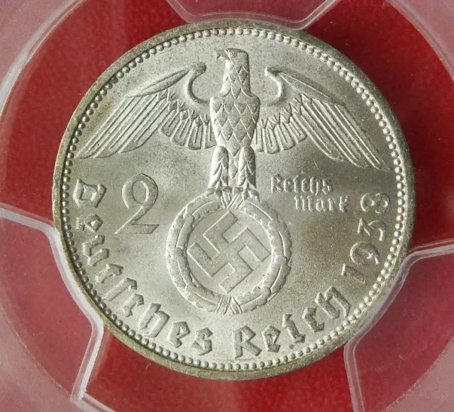 PCGS MS-63 NAZI SWASTIKA 1938-D 2 ReichsMark SILVER COIN-Germany 3rd-REICH MINT!