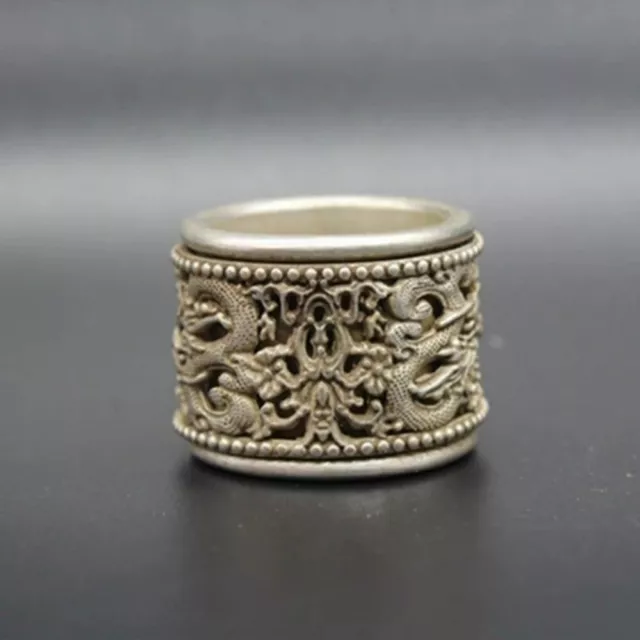 Old Chinese tibet silver handcarved Double Dragon Playing Pearl finger ring Q147