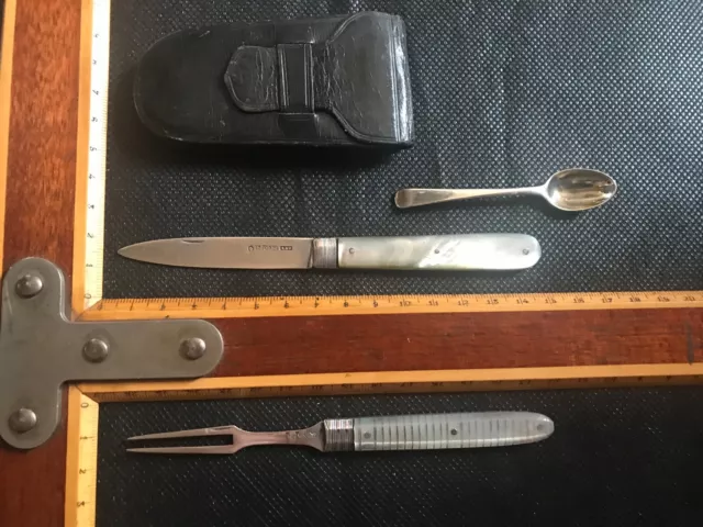 couteau fourchette argent necessaire set de voyage ancien antique knife spoon 18