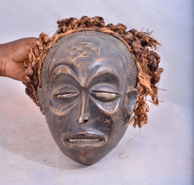 African Tribal Chokwe Art Mask -Manu PWO Mask Chokwe Tribe DR Congo & Rope Hair