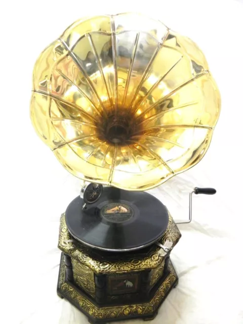 Brass Crafted  Reproduction Octagonal Gramophone Phonograph With  Plain Horn