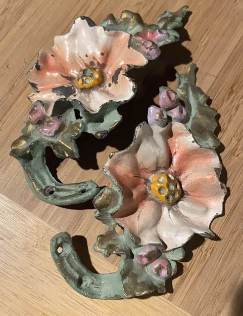 Antique Vintage Cast Iron Painted Flower Curtain Pull Backs