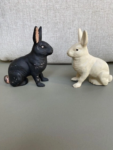 Pair Black White Vintage Easter Cast Iron Bunny Rabbit Still Coin Bank