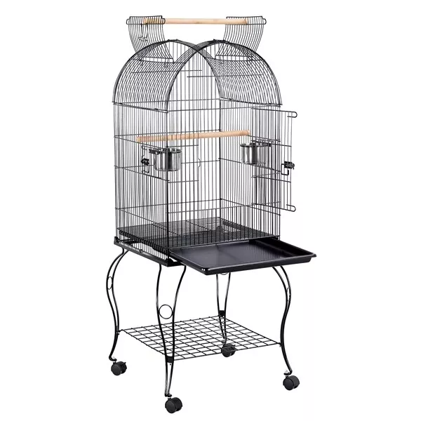 Cage à Oiseau avec Toit Ouvert Volière sur Roulettes Support Détachable Noir