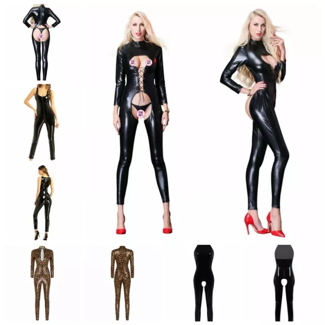 Women's Long Sleeve Leotard Faux Leather Catsuit Metallic Clubwear Lingerie Bodysuit  Black 