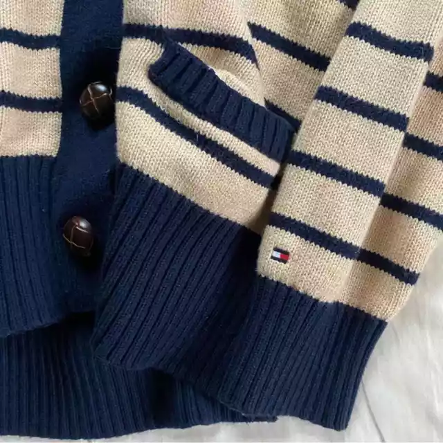 Tommy Hilfiger Nautical Striped Cardigan Sweater Button-down Sz Medium Tan/Navy 3