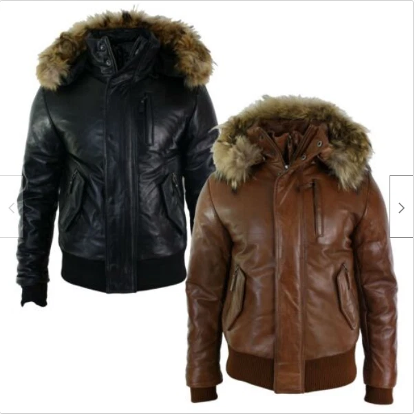 Mens COWHIDE Real Fur Hood Bomber Leather Jacket Black Puffer Padded