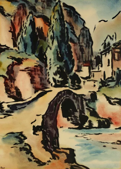 Hans Happ 1899-1992 Acuarela Paisaje Río Puente Pueblo Casas