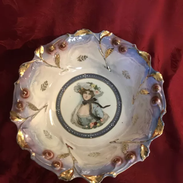 Antique Lustre Porcelain Portrait Bowl Lady Lavender Blue Gold Embossed Cherries