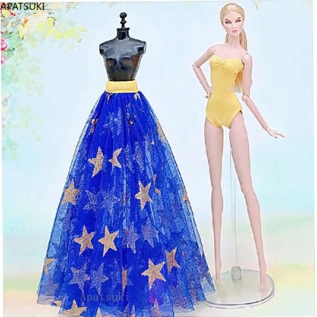 2pcs/set Yellow Bikini For Barbie Doll Monokini Swimsuit & Blue Star Skirt Dress