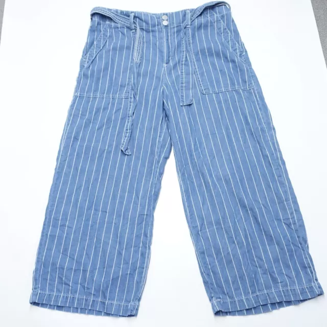 Seven7 Pants Womens 12 Blue Striped Cotton Pocket Belted High-Rise Crop Wide-Leg