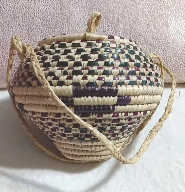 Vintage Hand Woven Coiled Hanging Basket & Lid Boho Natural Fiber Aztec African 2