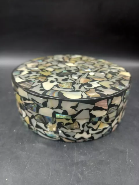 Boite Ronde A Bijoux Nacre ABALONE Incrustée Papiers Mâché Laque De Chine