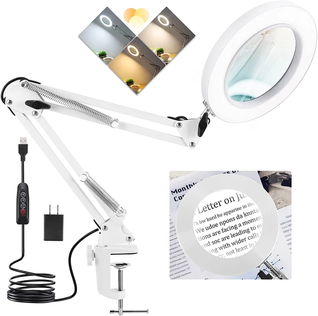 8X Magnifying Glass with Light, Real Glass Lens Desk Lamp & Clamp, 3 Color Modes