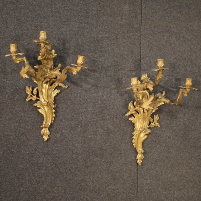 Paar Wandlampen Louis XV vergoldet Bronze antik Stil 3 Leuchten 20 Jahrhundert