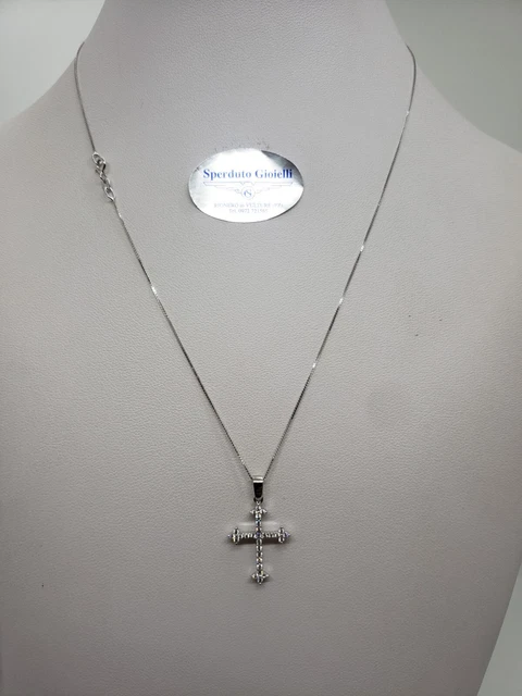 Collier Or Blanc 18 Carats Avec Pendentif Croix Et Diamants - 50 Cm - Neuf Avec étiquettes