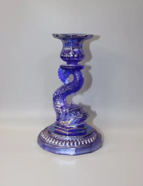 Imperial Cobalt Carnival Glass Dolphin Koi Candlestick