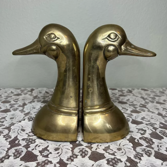 Vintage Solid Brass Mallard Duck Head Bookends 6.5" Tall Made In Korea