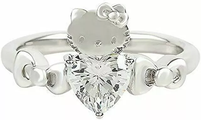 Hello Kitty Heart & Ribbon Wedding Ring Simulated Diamond 14K White Gold Plated