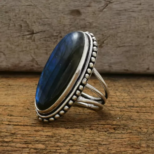 Blue Labradorite Gemstone Solid 925 Sterling Silver Handmade Ring Al Size B240