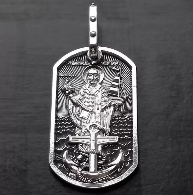 Men Christian Orthodox Sailor Medal St Nicholas Icon Silver 925 Prayer Necklace