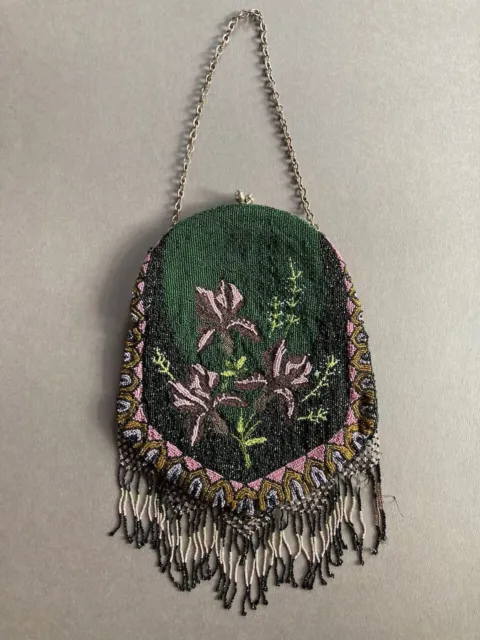 antique vintage French Art Nouveau Deco glass beaded purse handbag Irises 1920s