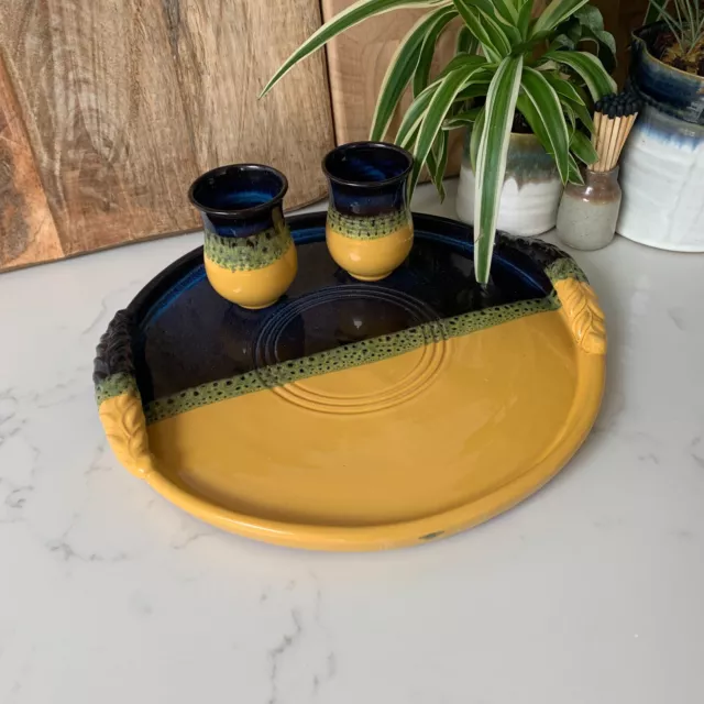 Round Art Pottery Tray & Vases / Vessels In Vibrant Mustard Yellow & Blue Glaze