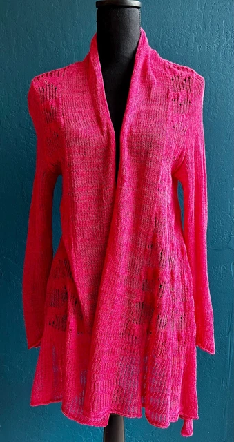 Eileen Fisher Open Front Lacy Knit Cardigan Sweater, Size M, Pink, Cotton Blend