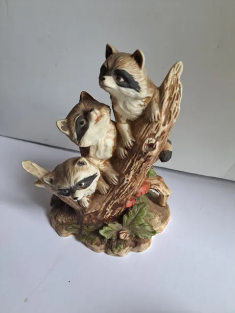 Curious Raccoon Kits Figurine 3 Fun Babies On A Tree Playing Vintage From Homco