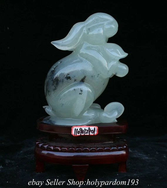 11.2" Chinese Natural Xiu Jade Carving Fengshui 12 Zodiac Year Rabbit Statue