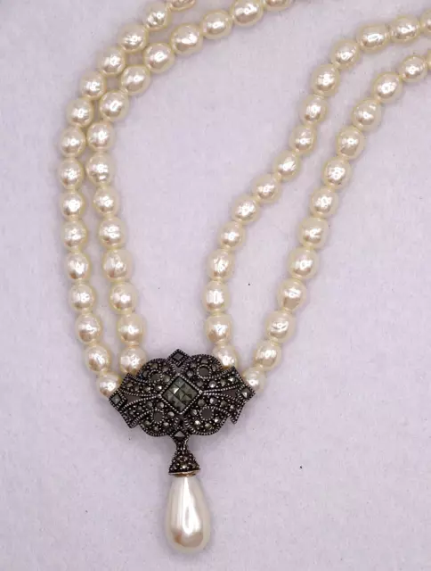 Judith Jack JJ Sterling Silver Marcasite Double Strand Pearl Necklace 16" NEW