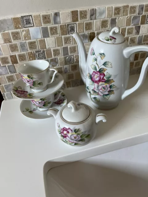 UCAGCO CHINA TEAPOT SUGAR Jar with lid 2 cups/3saucers Pink Rose Pattern