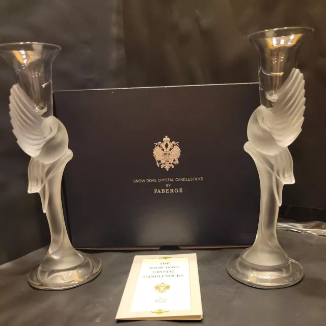 Pair IGOR CARL FABERGE Snow Dove Crystal Candlesticks France Pair IGOR CARL FABERGE Snow Dove Crystal Candlesticks France