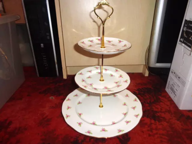 * Duchess 3 Tier Cake Stand Pink Roses And Rosebuds -  Free Uk Post