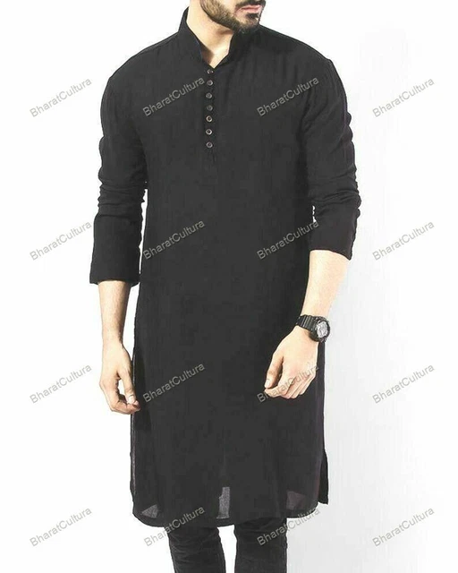 Mens Kurta Traditional Mens Clothes Black Short Kurta Cotton Blend Long Sleeve