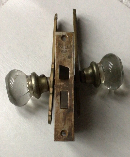 ANTIQUE VTG VICTORIAN brass glass door knob set yale mortise & back