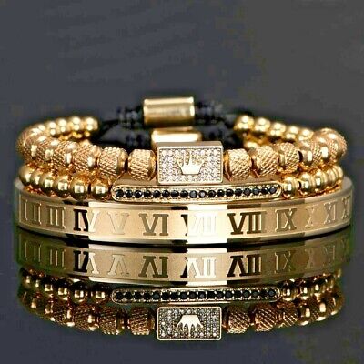 3Pcs/Set Men Gold Filled Luxury Royal King Crown Roman Numeral Bangle Bracelets