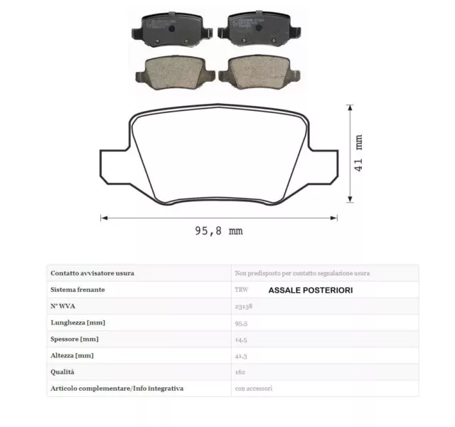 Kit 4 Pastiglie Freno Posteriori Mercedes Classe B 180 Cdi 80 Kw Dal 2005 -> 410 3