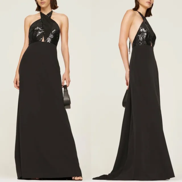 HALSTON Gown Womens 4 Lacey Black Sequin Halter Neck Long Dress Formal