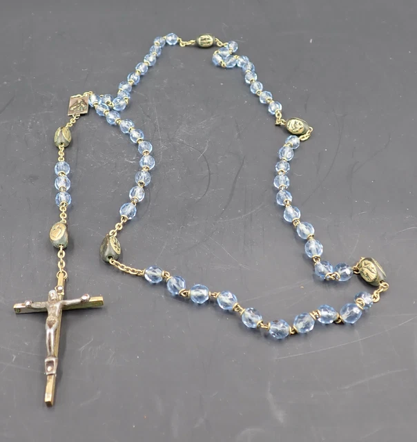 Antique Blue Glass Rosary with Brass Crucifix and Sacred Heart and Saint Beads