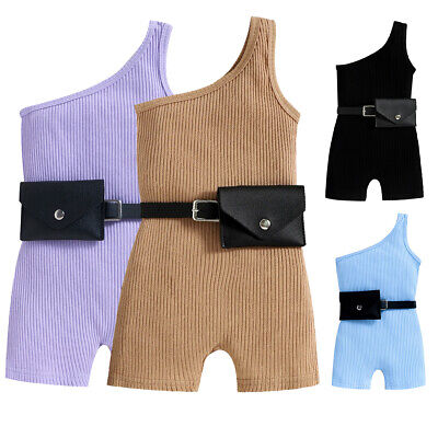 Kids Toddler Baby Girls Jumpsuit + Waistpack Outfit Summer Casual Playsuits Tops