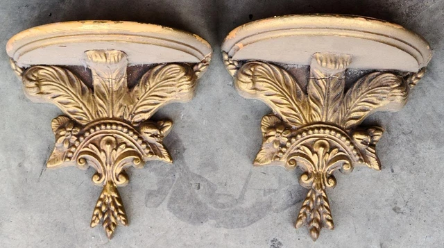 Beautiful Pair of Antique Solid Wood Sconce Shelves – GDC – PAINTED GOLD FINISH