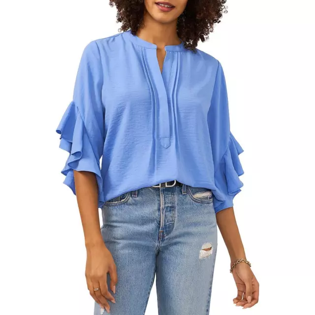 VINCE CAMUTO WOMENS Blue Ruffle Sleeve Split Neck Shirt Blouse Top XXS ...
