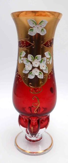 Czech Republic Bohemian SLAVIA Crystal Ruby Red Vase w GOLD Gilt Applied Flowers