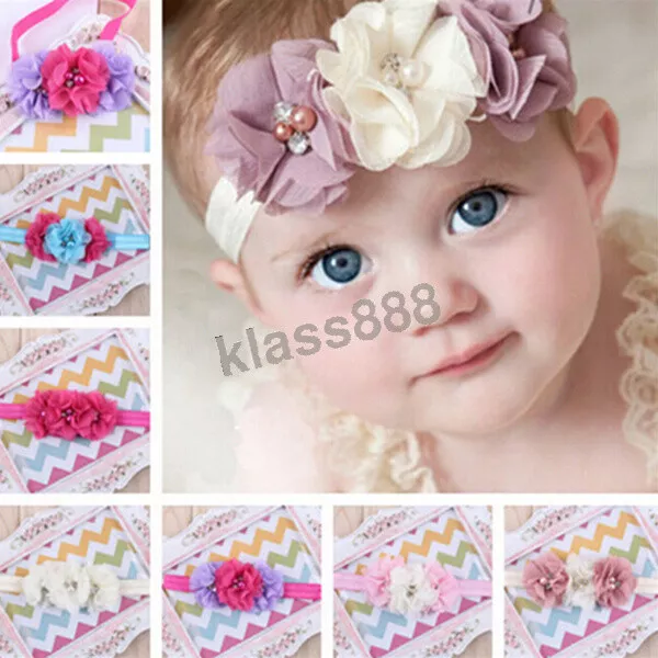 Baby Chiffon Triple Flower Pearl Diamond Elastic Headband Girls Hair Accessories