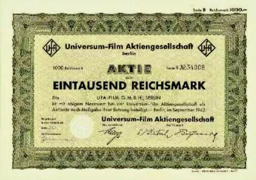 UfA Universum Film AG Berlin hist. Aktie 1942 Bertelsmann RTL / Kino Babelsberg