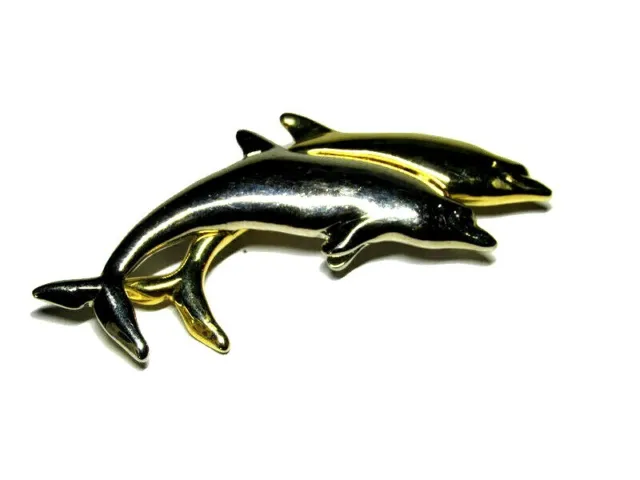 VTG Costume Jewelry Brooch Pin Dolphins Swimming Side by Side  Mixed Metal 3"