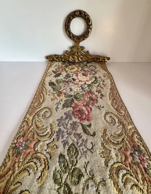 VTG Victorian Style Floral Tapestry Bell Pull Wall Art Ornate Brass Ends Decor