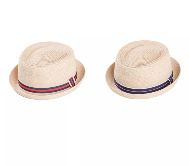 Mens / Ladies Straw Pork Pie Hat Summer Trilby Cap Natural With Red Or Blue Band